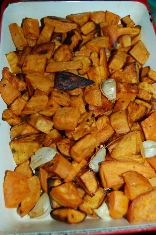 Yesterday I roasted sweet potatoes with whole garlic cloves which we could the slather over 